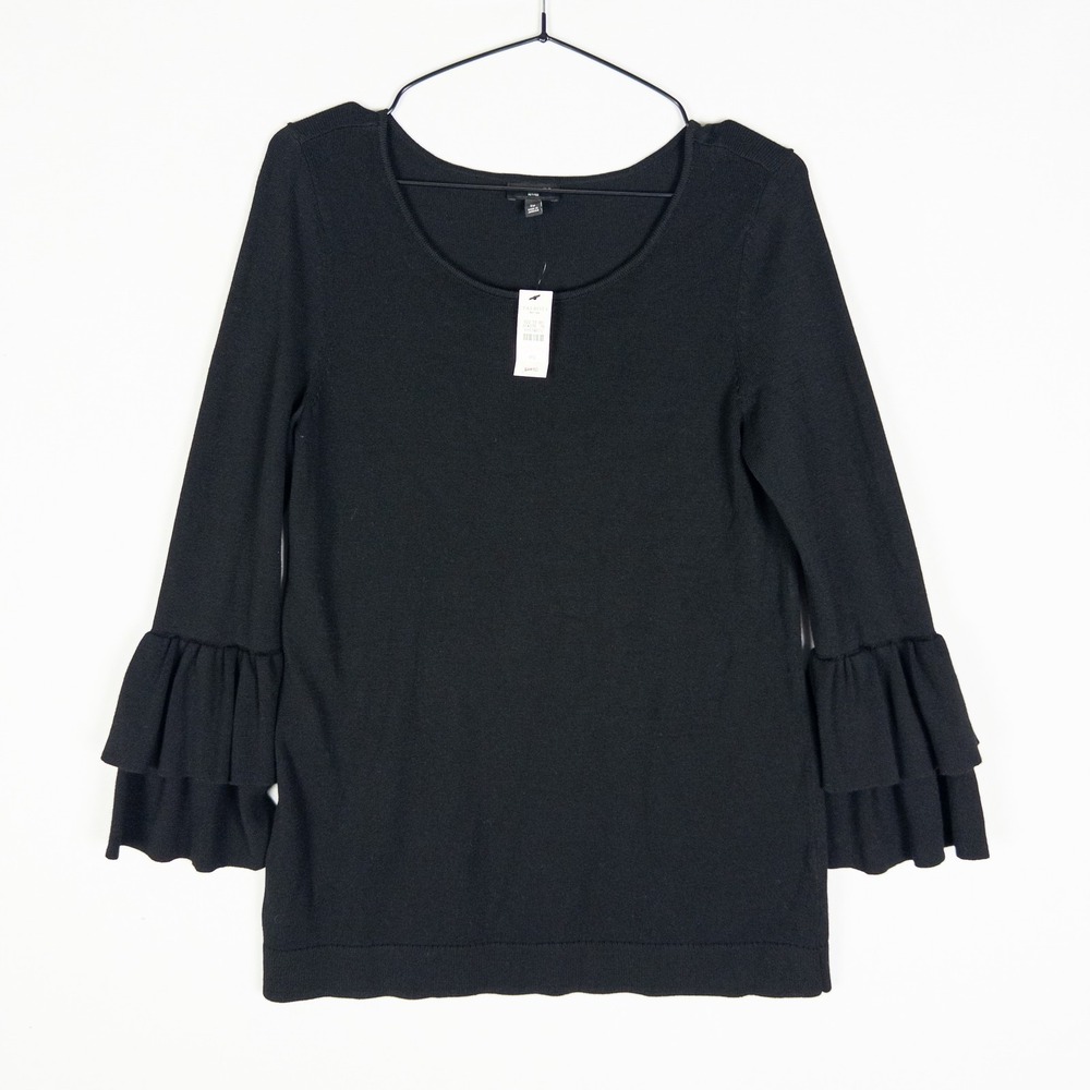 NWT Talbots Petites Ruffle Bell Sleeve Sweater Womens SP Black Chic Elegant‎